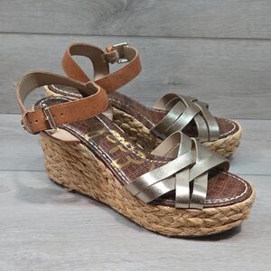 Sam Edelman Women Darline Metallic Gold&Tan Wedge Sandals Shoes Sz 9M